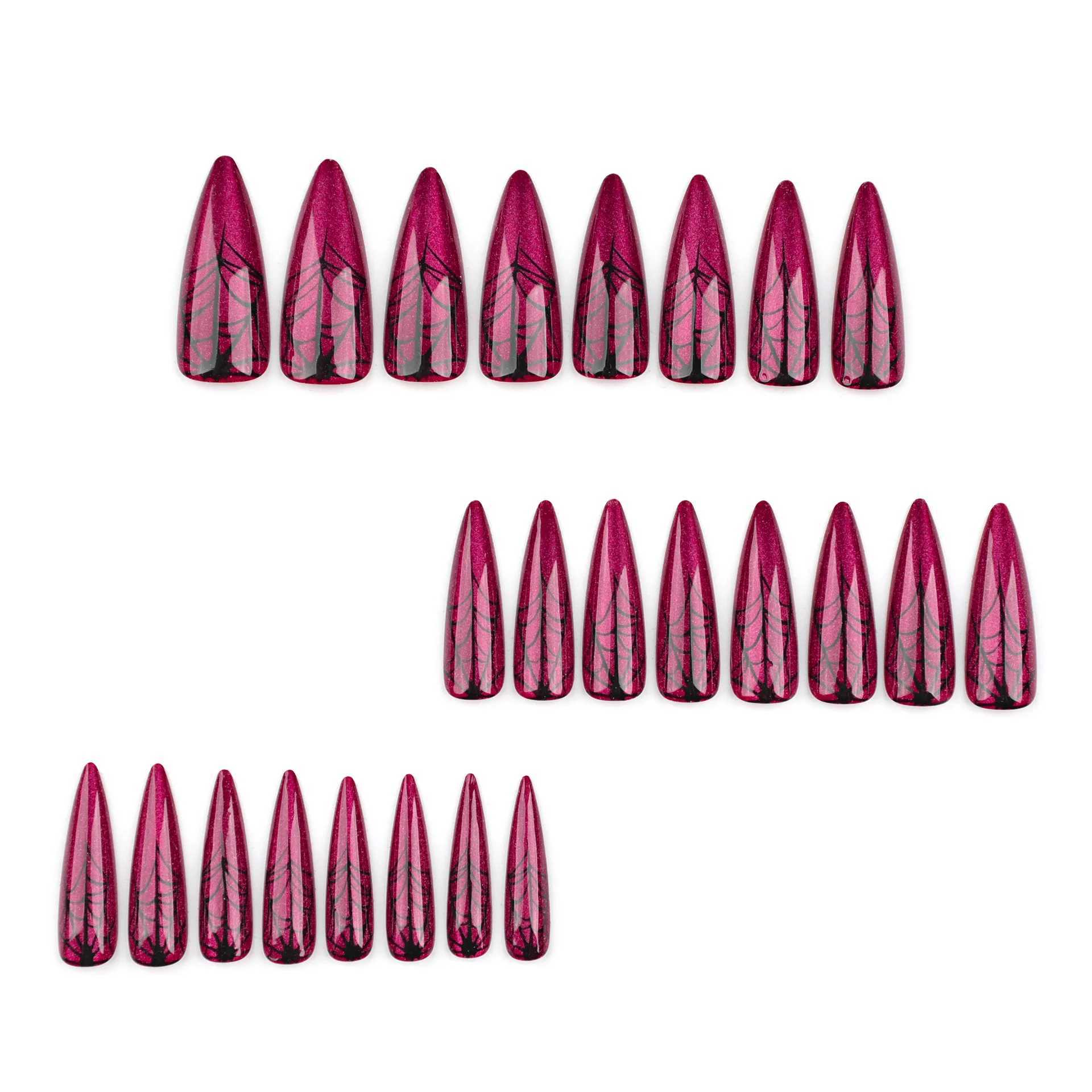 24 Halloween fake nails sparkling red fake nails spider web design long almond pressed on wearable nails fully covered nail tips W240905