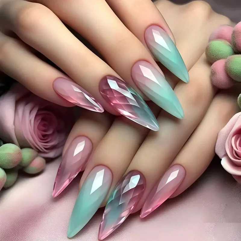 24 long holiday nails with almond shaped design brown gold thread fake nails oval shape wearable French style pressed nail tips W240905