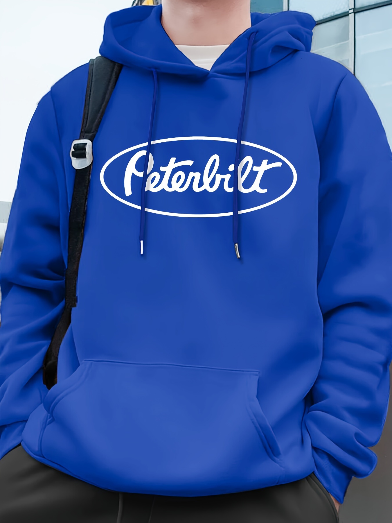 Casual Hooded Sweatshirt with Pocket - Knit Fabric Regular Fit Polyester Hoodie with Geometric Peterbilt Logo for Autumn/Winter