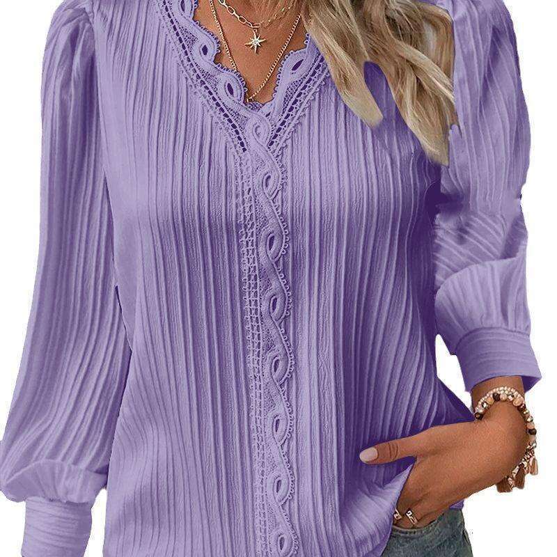 Fall 2024 long sleeved V-neck lace patchwork shirt women's clothing