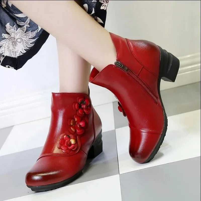 Yalni Autumn Winter Shoes Womens Cowboy Leather Flower Shoes Comfortable Med Heel Ankle Boots Leather Fashion Shoes Women CL240906