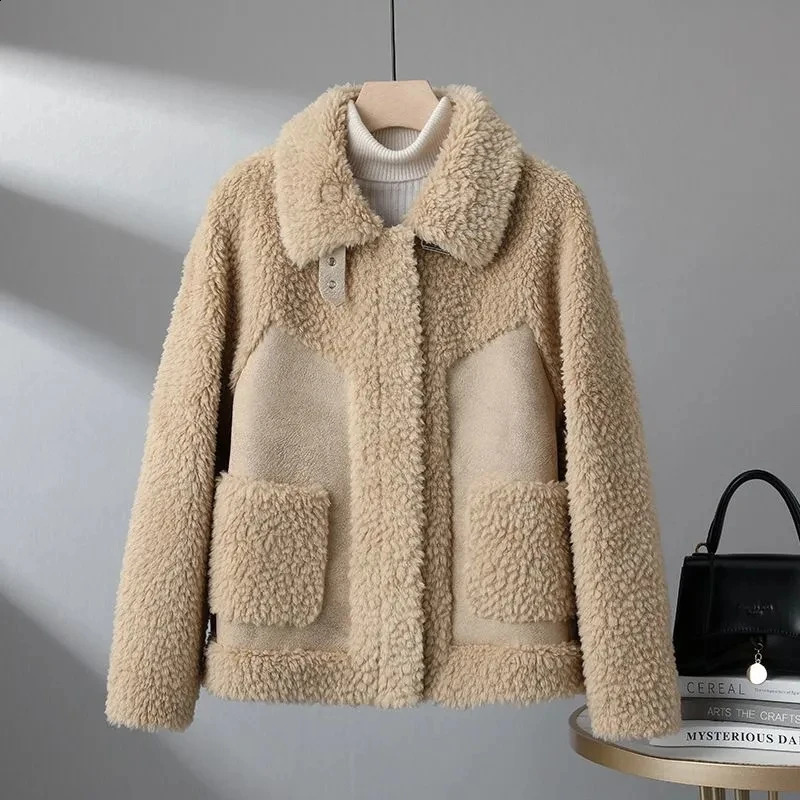 Autumn Winter Cashmere Jacket Womens Fashion Splicing Coat Top Bomber Wool Suede 240905