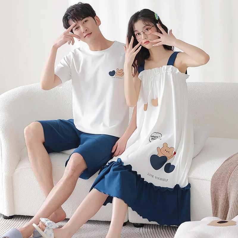 Summer Korean Couple Sleepwear Women Men Pajamas Set Cotton Pijama Suit Ladys Nightdress Round Neck Loose Lover Pyjama Night Y240906