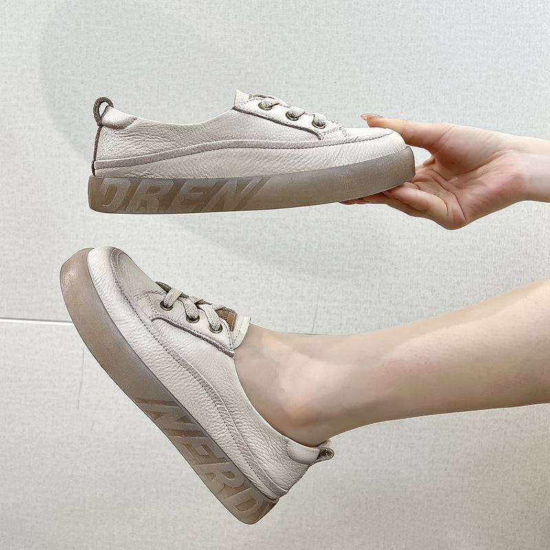 2024 new spring and summer head layer cowhide shallow mouth single shoes female retro leisure thick bottom jelly bottom hollow lazy shoes