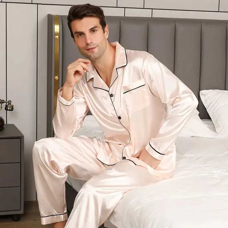 Spring Autumn Mens Pajama Sleep Set Long Sleeve Shirt pant Pijamas Suit Loose Casual Ice Silk Trouser Suits Homewear Loungewear Y240906