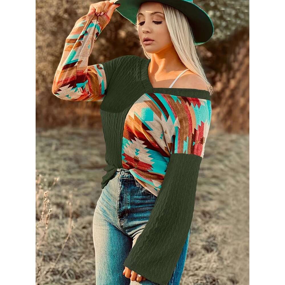 2024 Autumn/Winter New Knitted Hoodie Women's Personalized Splicing Printed Sweater Long Sleeve Women