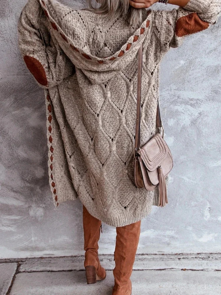 Retro Womens Super Large Cap Long Open Knitted Sweater Crossover Plain Casual Brown Coat Sleeveless Jacket 240905