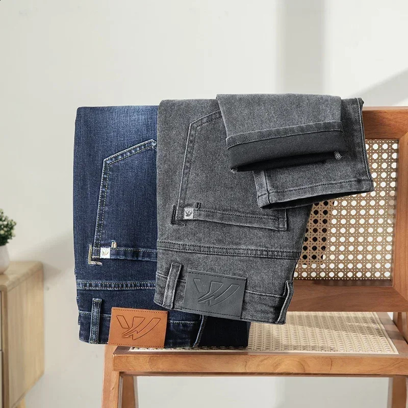 Fashionable grey mens jeans for spring and autumn casual elastic slim pants comfortable cotton denim men Trouser 240905