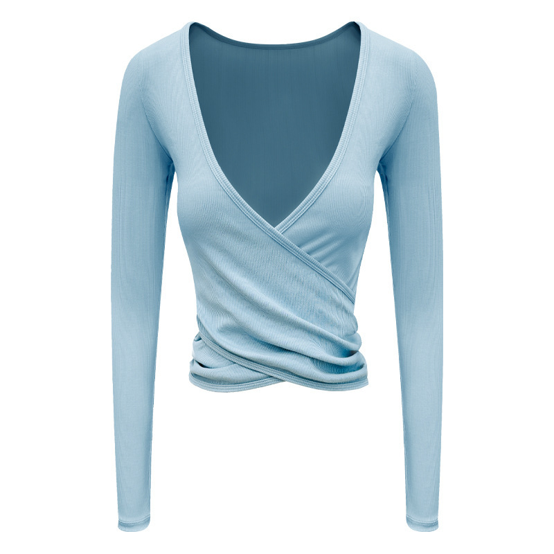 Yoga outfit women's new sports slimming cross pleated cover shirt for external training and fiess long sleeved knitted sweater top