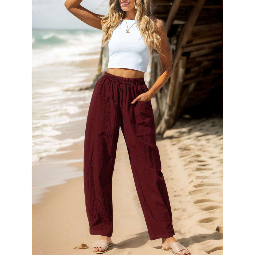 2024 Women's Cotton and Hemp Casual Vacation Style Elastic Waist Banana Pants Work Bag