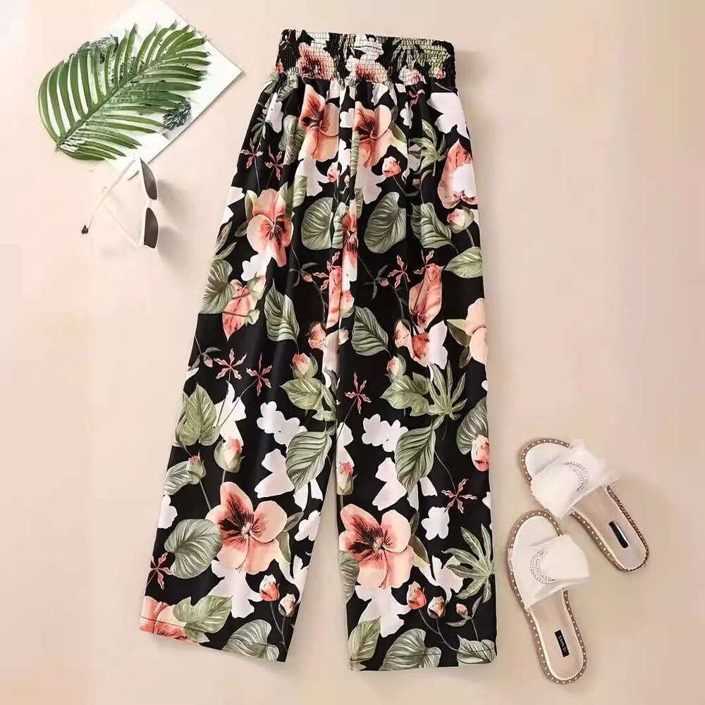 New casual pants spring and summer. Thin, high waisted, slimming effect. Ice silk elastic floral straight tube for women