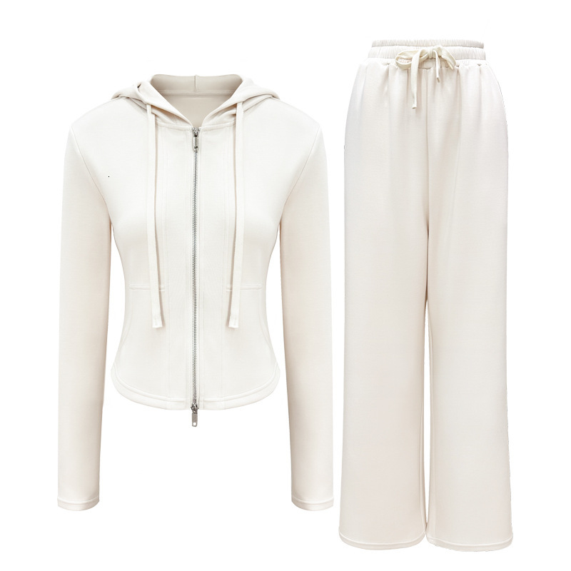 Sports suit women's new thick warm zipper hooded jacket yoga fiess loose wide leg pants two-piece set