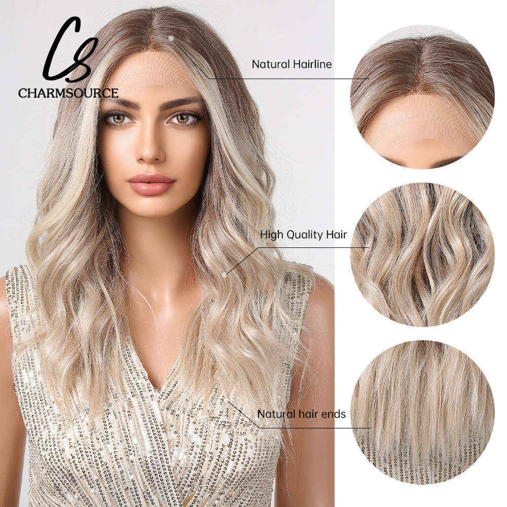 Charmsource Synthetic Wig Brown Ombre Blonde Lace Front Long Wavy With Dark Root Wigs For Women Daily Cosplay