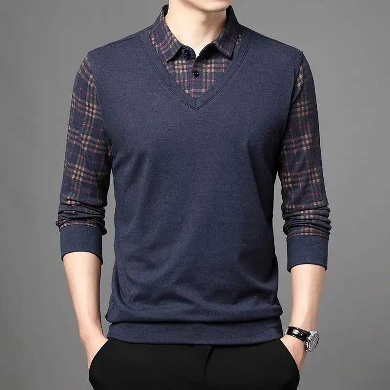 Autumn Winter 2023 New Smart Casual Turn-down Collar Long Sleeve T-Shirt Mens Clothing Fashion Buttons Pullover Patchwork TopsXJ240906