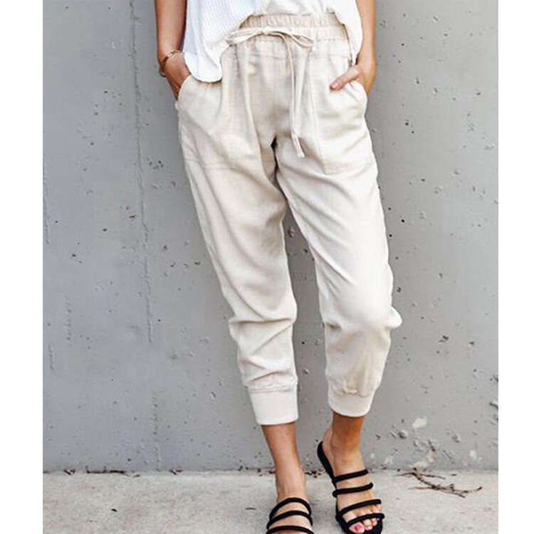 Summer New Cotton Hemp Solid Color Simple Lace up Casual for Women's Slim Fit and Slimming 9-inch Small Feet Pants