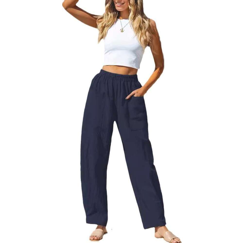2024 Women's Cotton and Hemp Casual Vacation Style Elastic Waist Banana Pants Work Bag