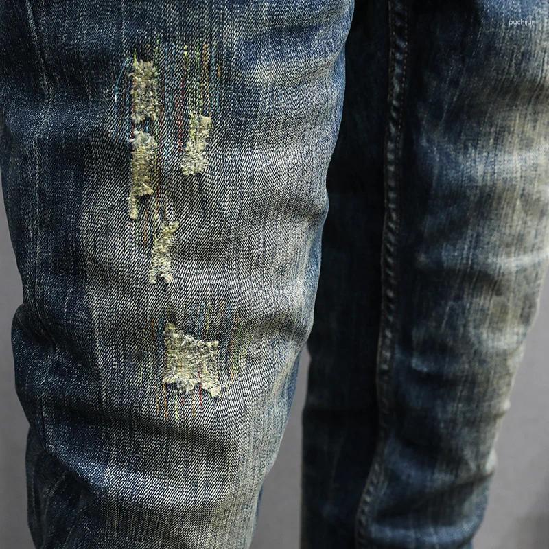 2025 S Fashion Designer Men S Jeans Fashion Designer Men High Quality Retro Washed Blue Stretch Slim Fit Ripped Patched Vintage Denim Pants Hombre