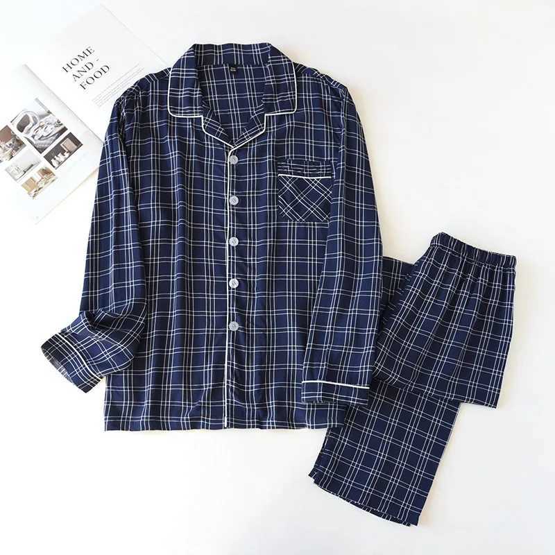 New spring and autumn mens 100% viscose pajamas long-sleeved trousers summer thin cotton plaid home service two-piece suit men Y240906