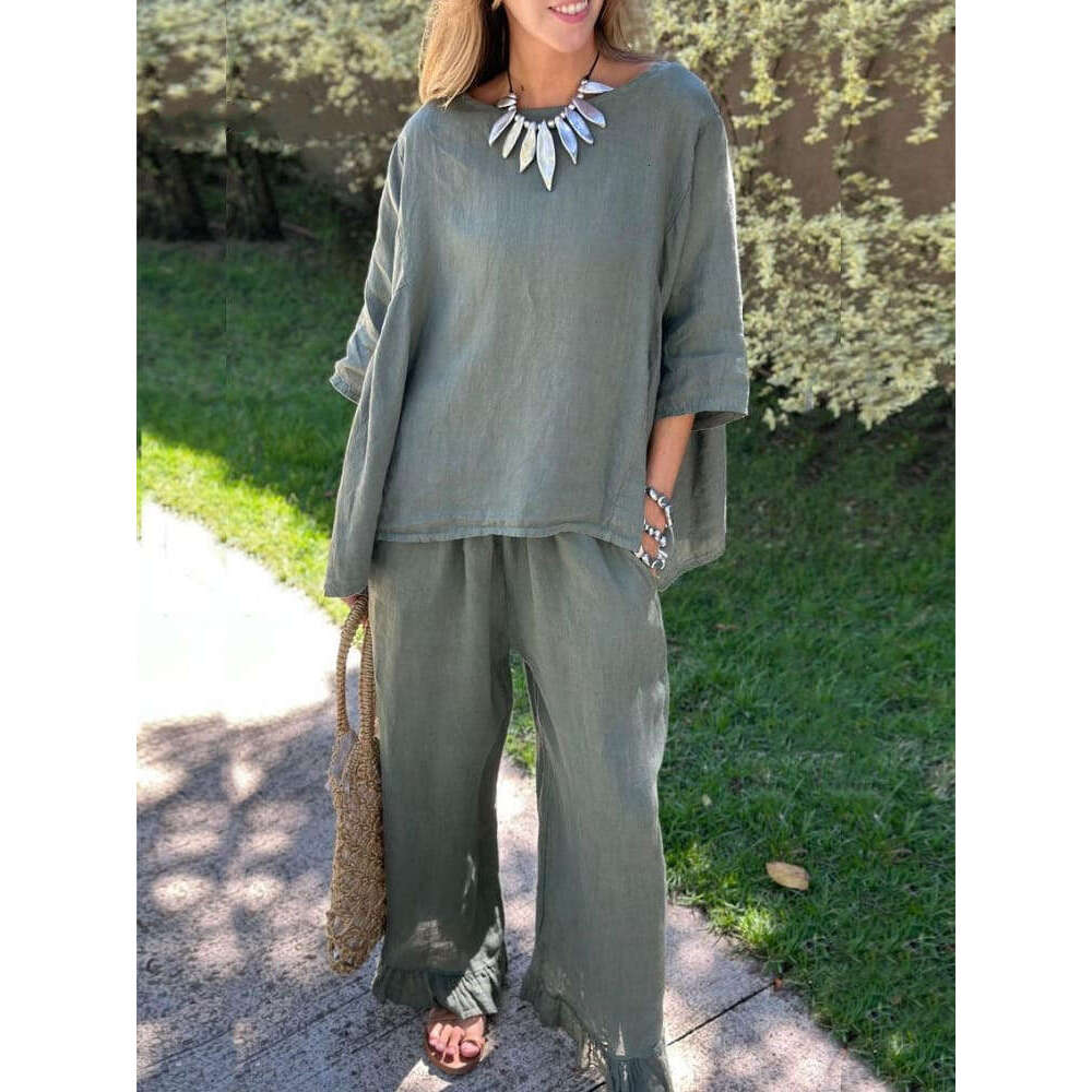 2024 Summer New Cotton and Hemp Women's Fashion Solid Color Loose Casual Pants Two Piece Set