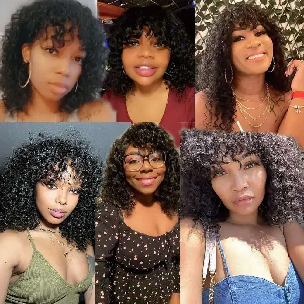 Human Hair With Bangs Brazilian Remy Funmi Short Bob Curly Wigs 180% Density Water Wave Wig Natural Black