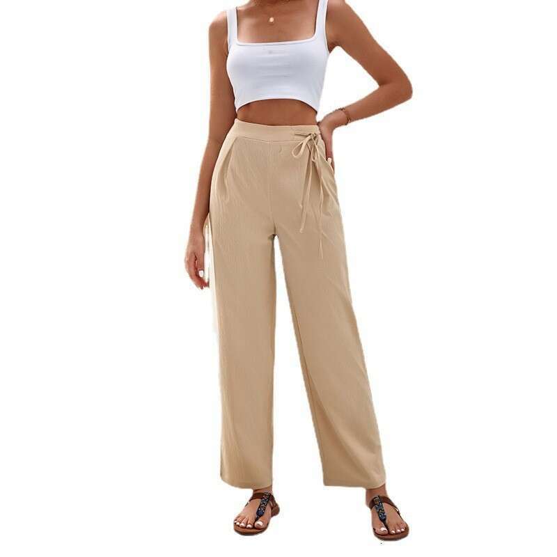 2024 new spring and summer hanging straight high waisted solid color tied wide leg pants for women