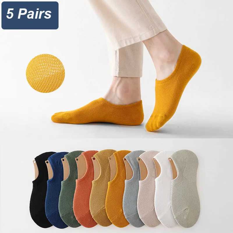 5 pairs/batch of summer mens breathable mesh boat socks solid color thin invisible sweat absorption sports pure cotton Meias EUR38-43 W240905