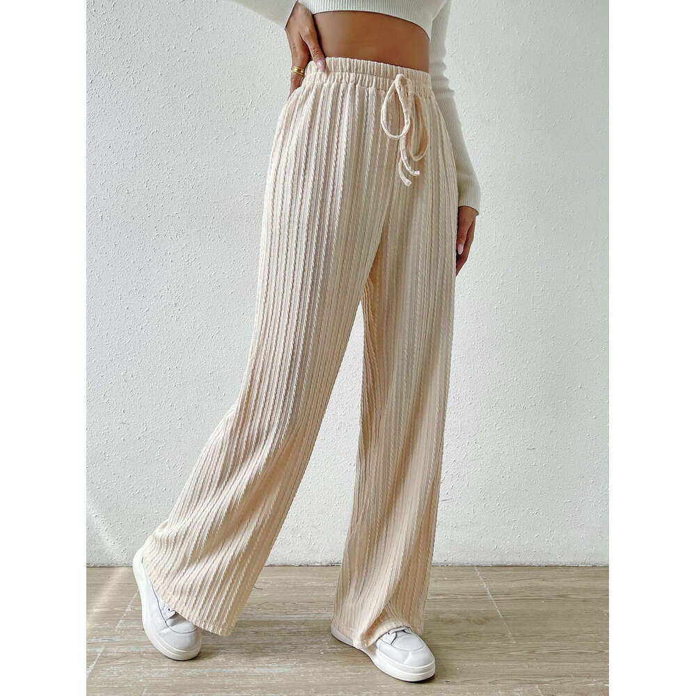 2024 New Texture Knitted Wide Leg Pants Elastic High Waist Solid Color Casual Loose Straight Women's Wear