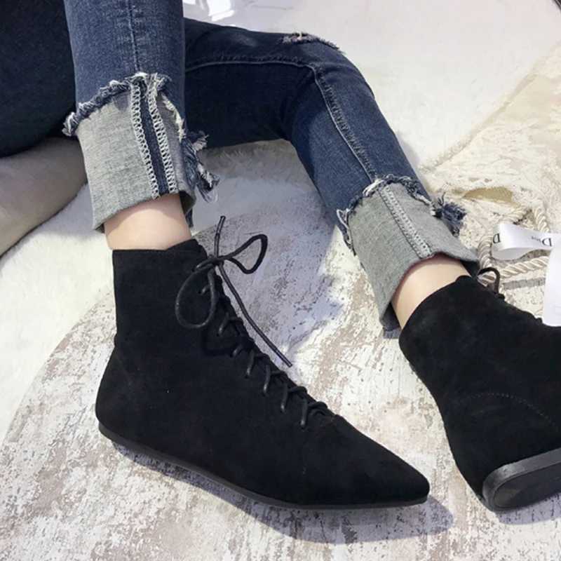 2022 Pointed Toe lace upper womens flat shoes short Chelsea Botas Feminina warm winter snow Bottes Mujer Traf fur leather shoes CL240906