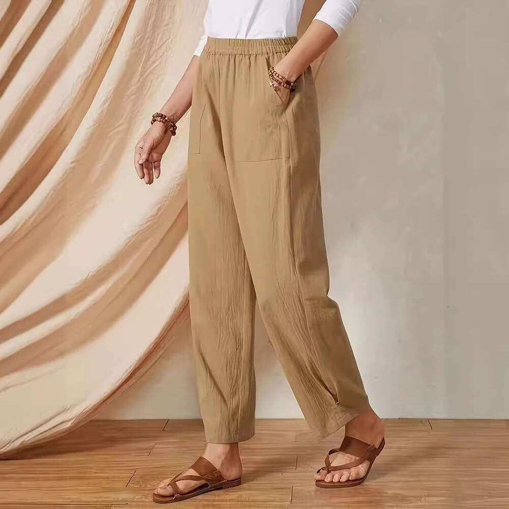 2024 Spring/Summer New Product Solid Color Pocket Elastic Waist Cotton Linen Loose Casual Wide Leg Pants for Women