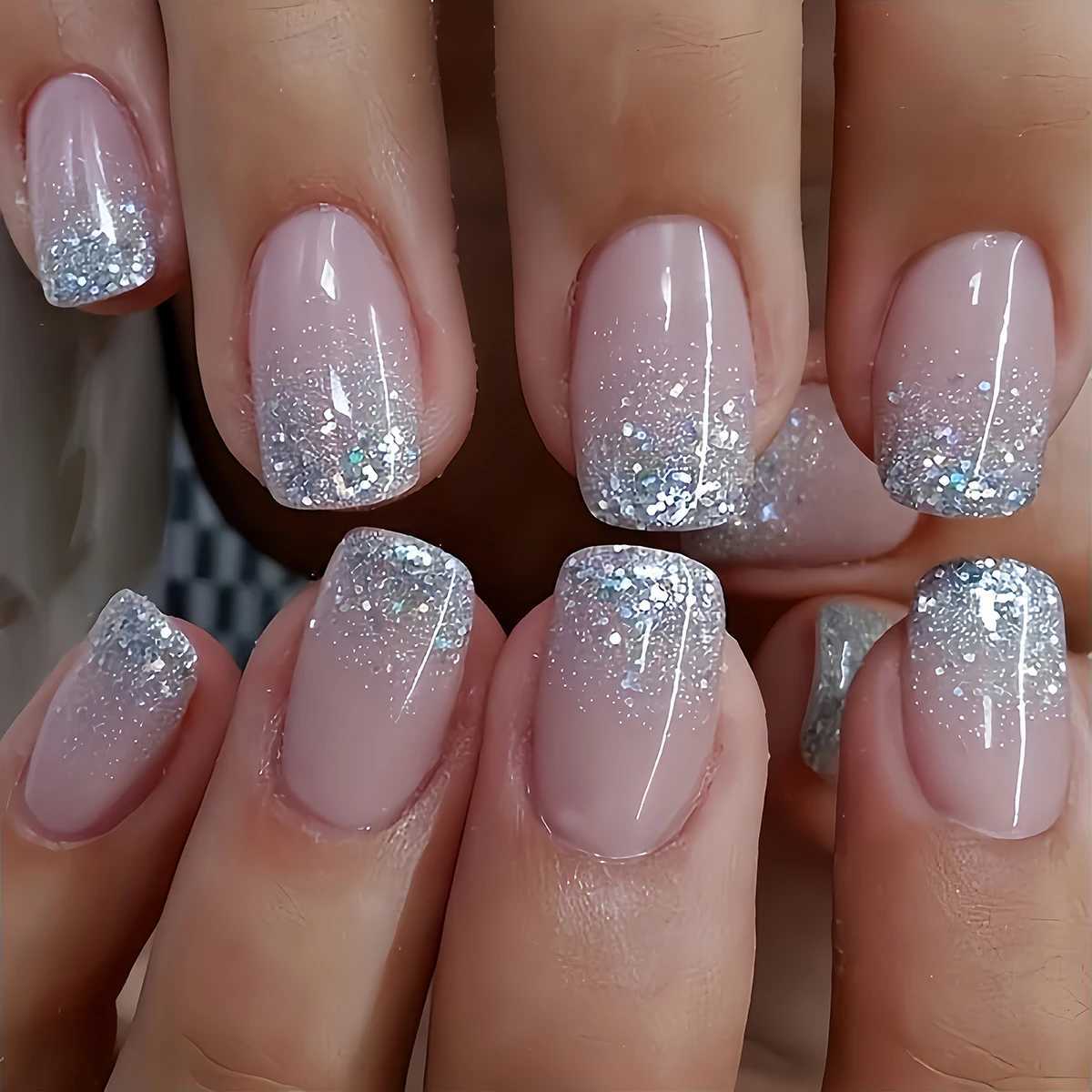 24 colored nail plates silver headed square short imitation nails French fake nails 1 jelly cream and 1 wedding document W240905