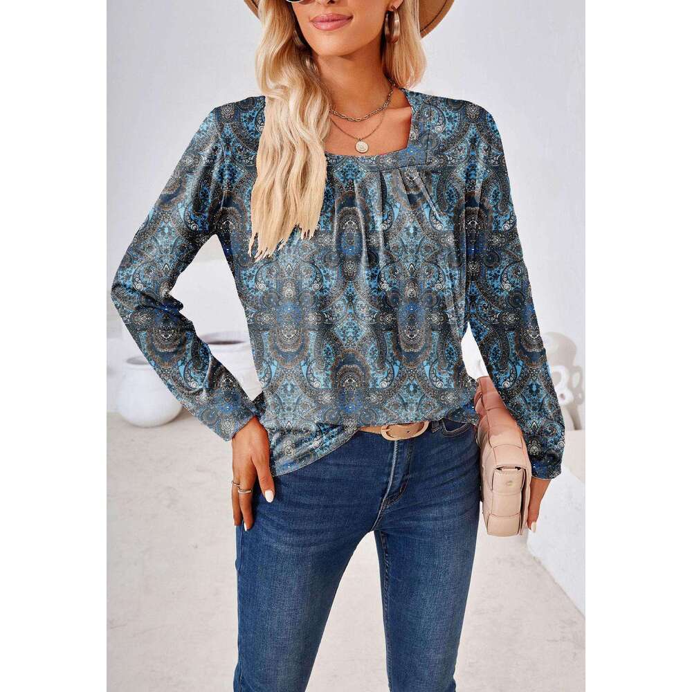2024 Autumn/Winter Temu Square Neck Pleated Jacquard Long Sleeve Loose T-shirt Top Female