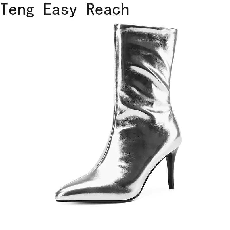 2024 FAshion Gold and Sier Womens Ankle Boots Thin High Heel Short Boots Pointed Toe Slip on Autumn Winter Womens Shoes Size 45 CL240906