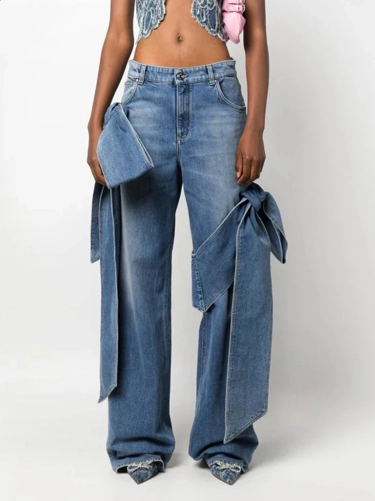 Autumn Womens Jeans Y2k Three way Bow Decorative Wide Leg Jeans Retro Loose Straight Pants 240906