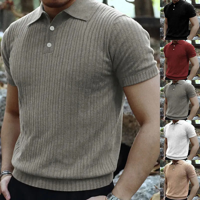 2024 Summer Knit Mens Polo Shirt Business Casual Striped Lapel Short Sleeve Henry Shirt T-shirt Comfortable Mens Clothing 240906