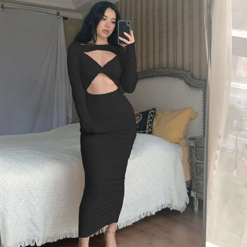 2023 style new autumn solid color hollow sexy slim fit long sleeved dress for women