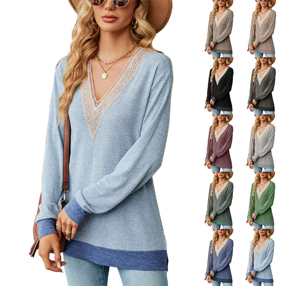 2024 Autumn/Winter Lace V-Neck Contrast Split Loose Sleeve T-shirt Top for Women