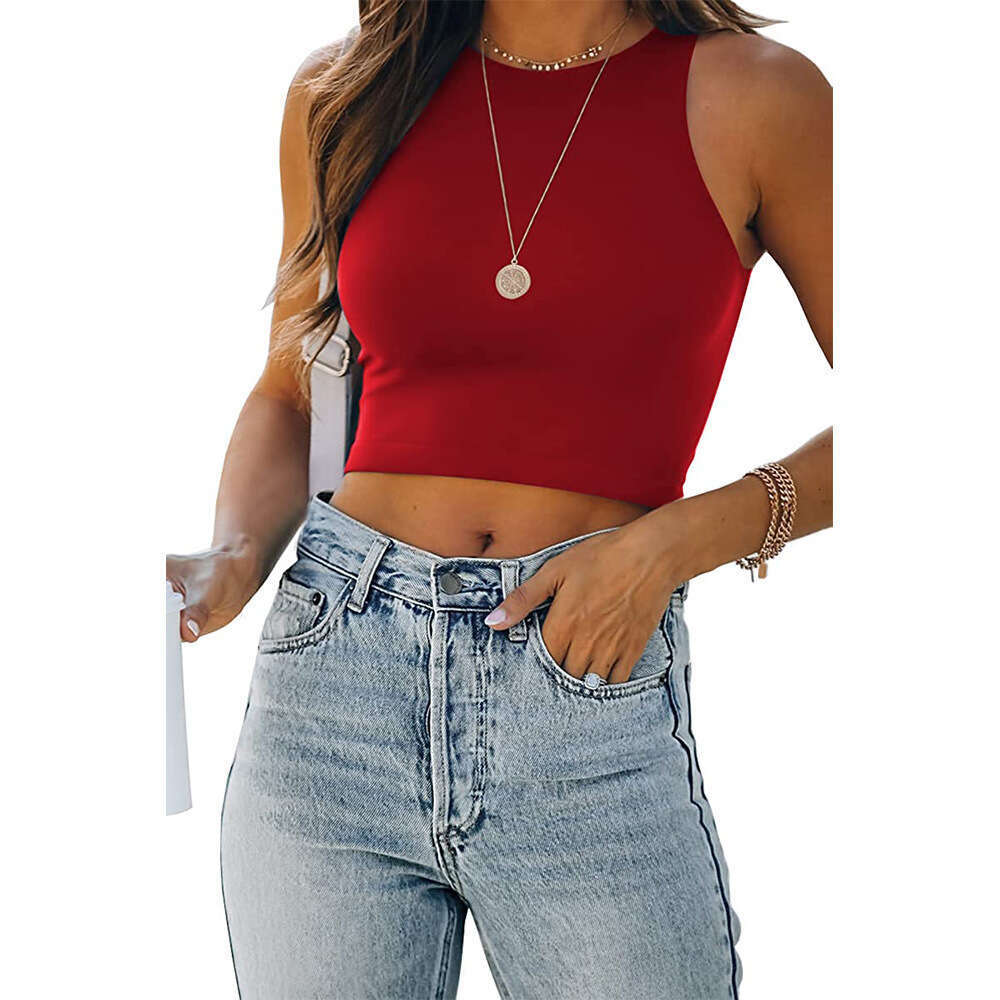 2024 Summer New Sleeveless Round Neck I-shaped Short Solid Color Tank Top T-shirt for Women