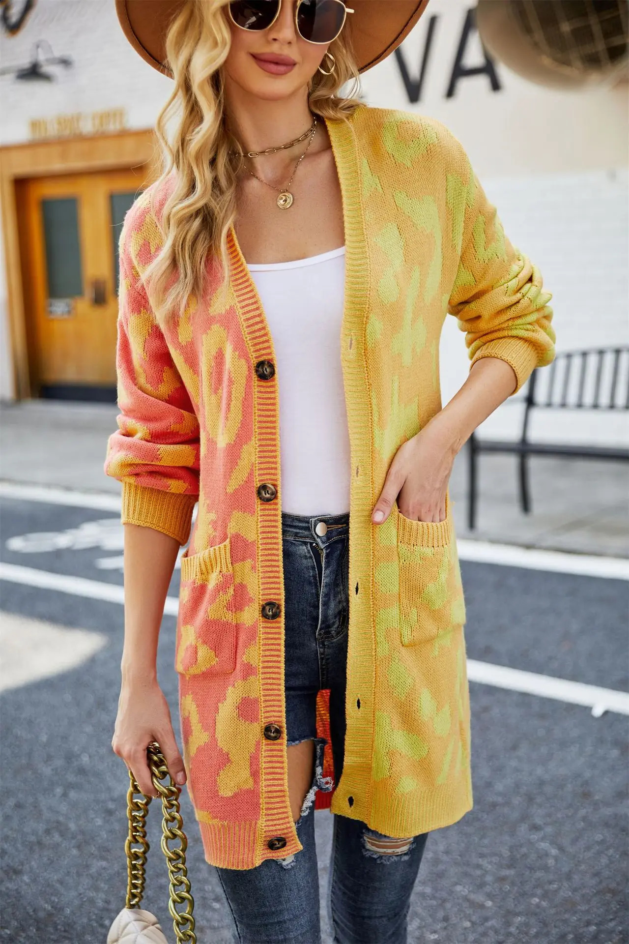 Womens Knitted Open Sweater Vneck Full Sleeve Printed Midi Jumper Thick Splicing Single Chest Regular Winter 240905