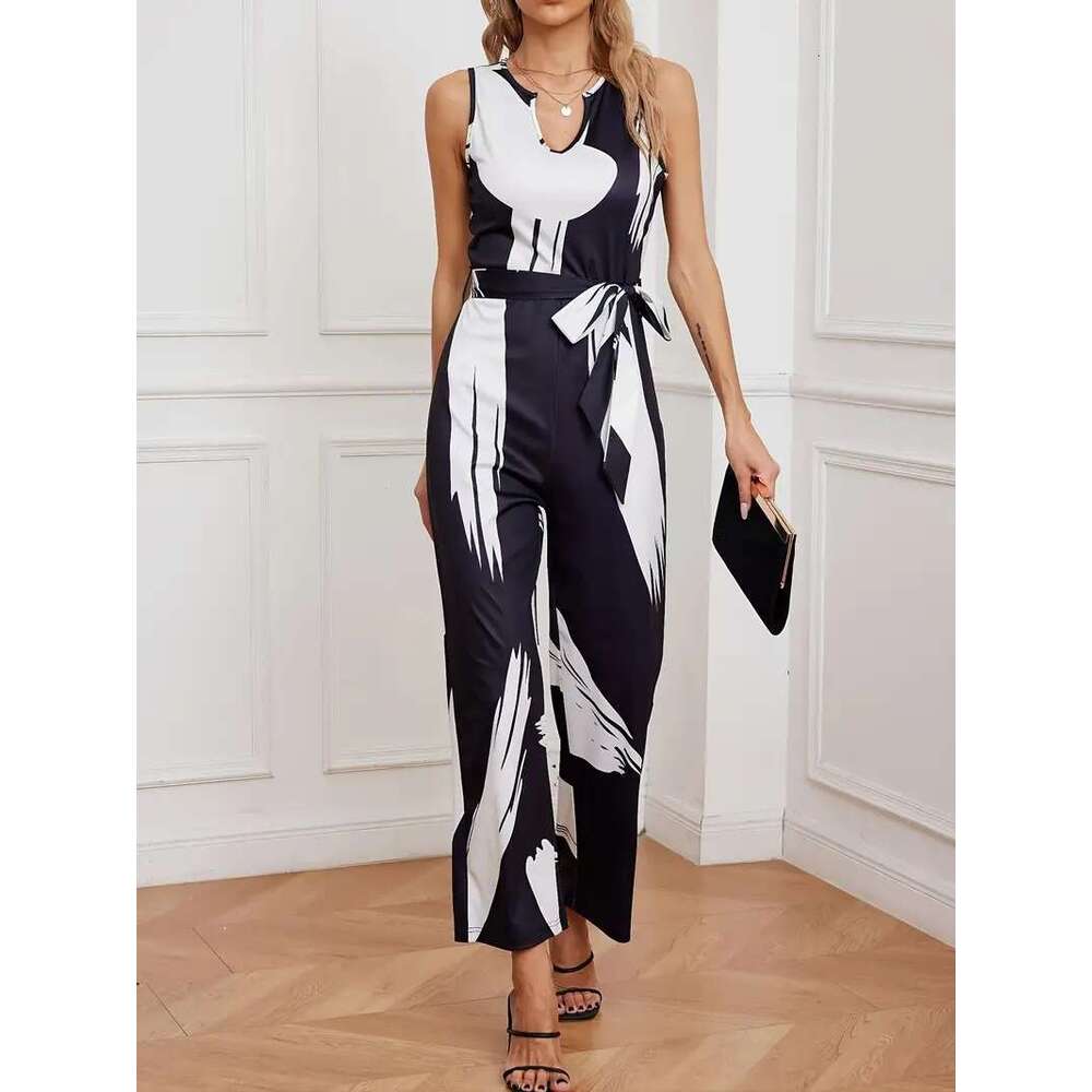 2024 New Graffiti Print with Belt White Commuter Dress jumpsuit