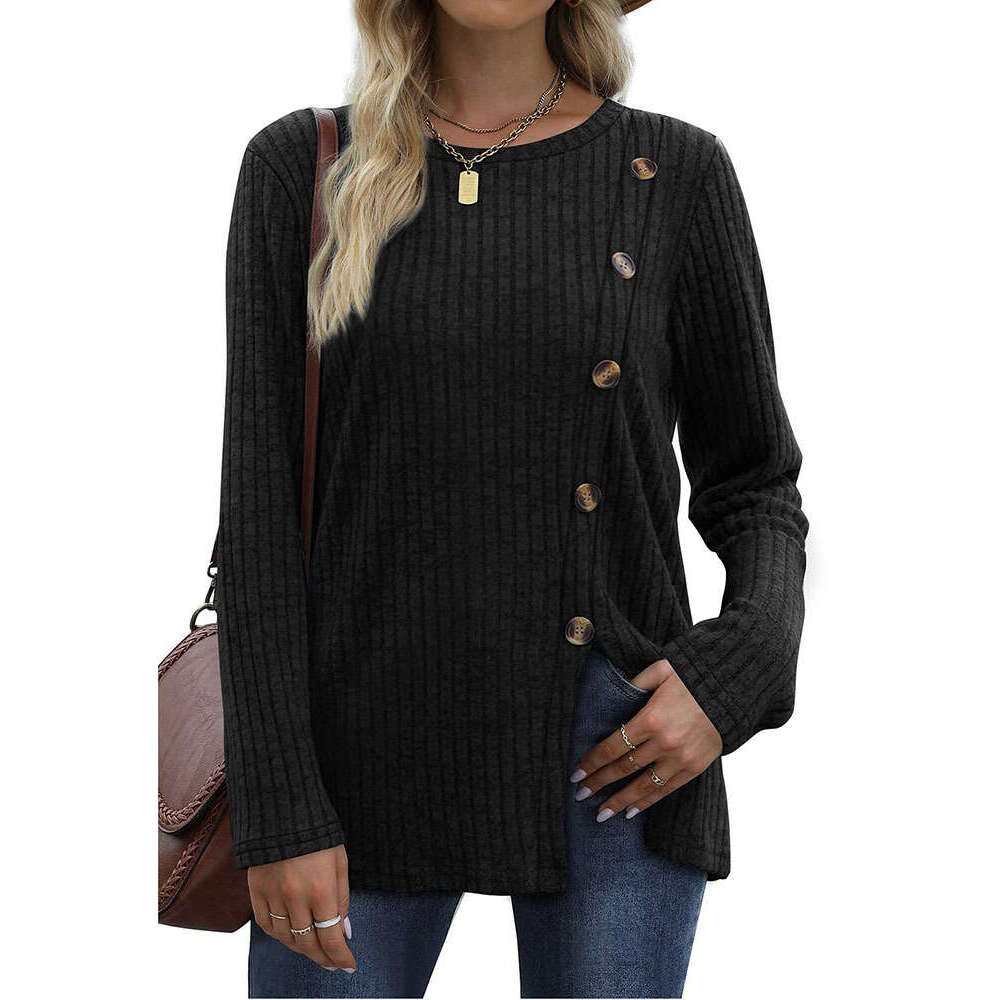Button up women new fashionable autumn casual solid color long sleeved T-shirt for women