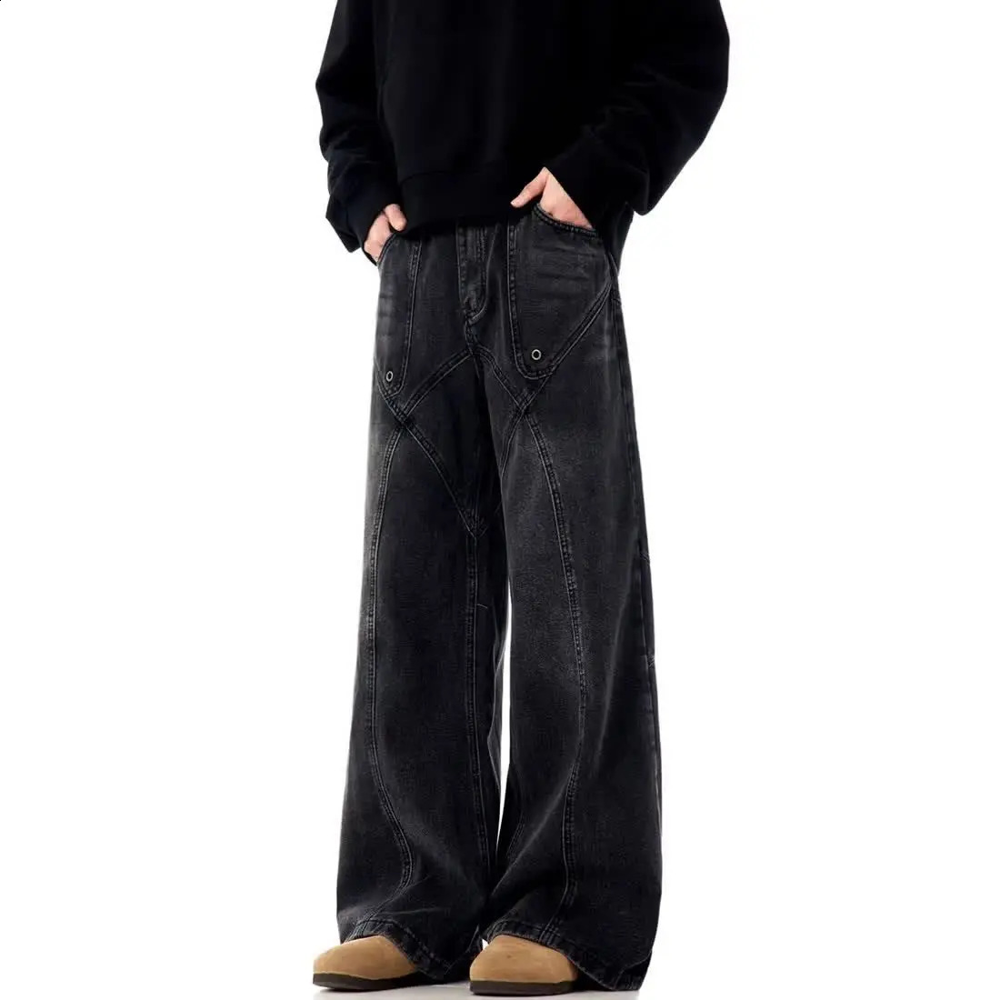 Street hiphop trendy patchwork washed jeans suitable for men and womens autumn retro loose wide leg Harajuku casual pants 240905