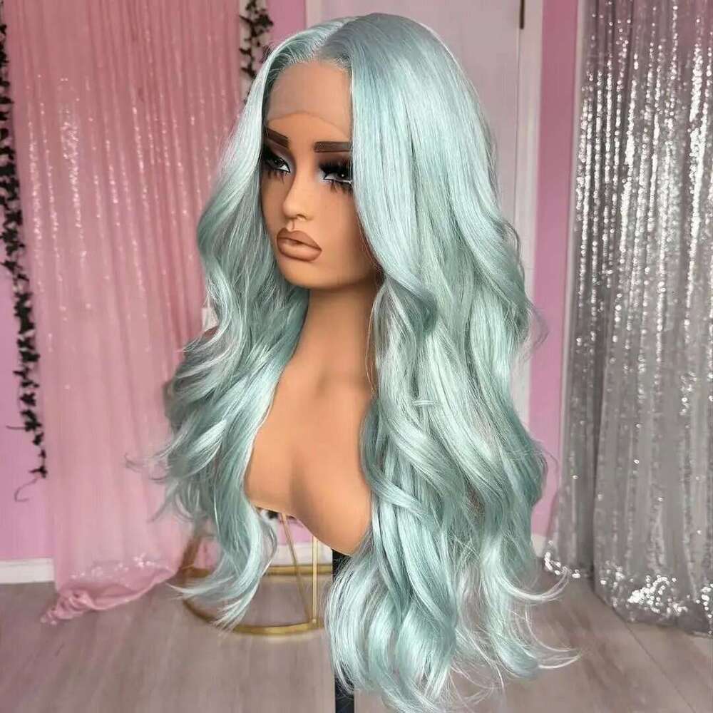 ZXBMALWIGS Synthetic Light Green Long Body Wave 26Inches Transparent Lace Front Wigs For Black Women Glueless Cosplay