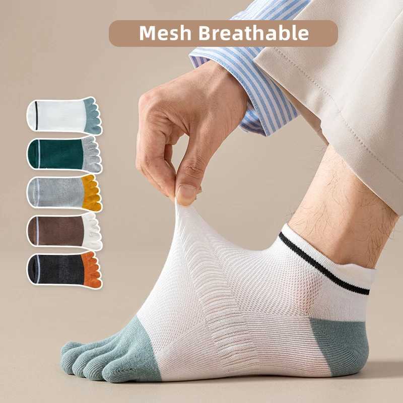 5 Pairs Man Toe Boat Socks Summer Cotton Mesh Breathable Sweat-Absorbing Patchwork Striped Elastic Ankle 5 Finger Sport Socks Y240906