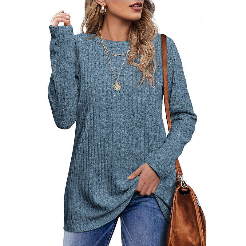2024 New Autumn/Winter Round Neck Brushed Pit Stripe Solid Color Top Long sleeved T-shirt for Women