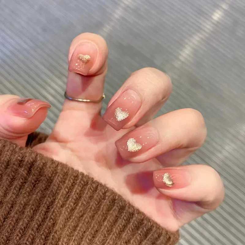 Heallor Gold Dust Love Wearable Pink Pressing Fake Nail Tip with Adhesive Fake Nail Design Butterfly Cute Girl Fake Nail W240905