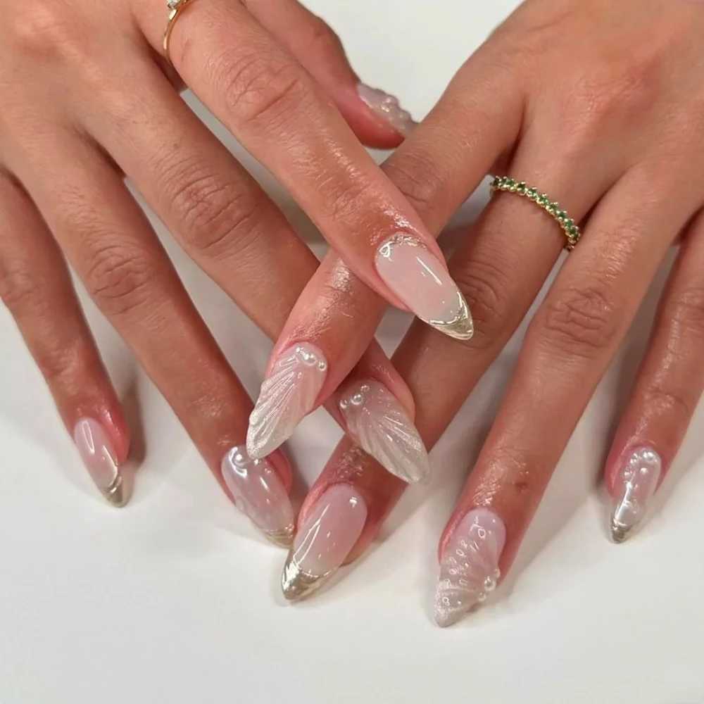 French 10pcs handmade almond fake nails 3D limited nail pressing finger shell design with adhesive nail file set W240905