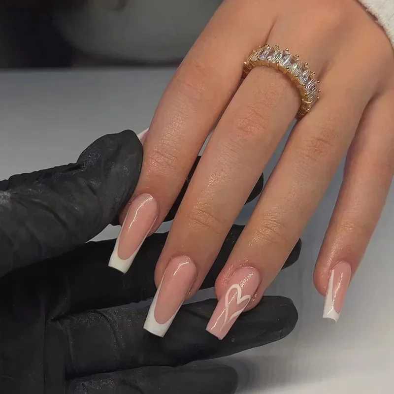 24 pieces of simple blue French fake nails with diamond love patterns designed fake nails medium and long ballet all inclusive nail tips W240905