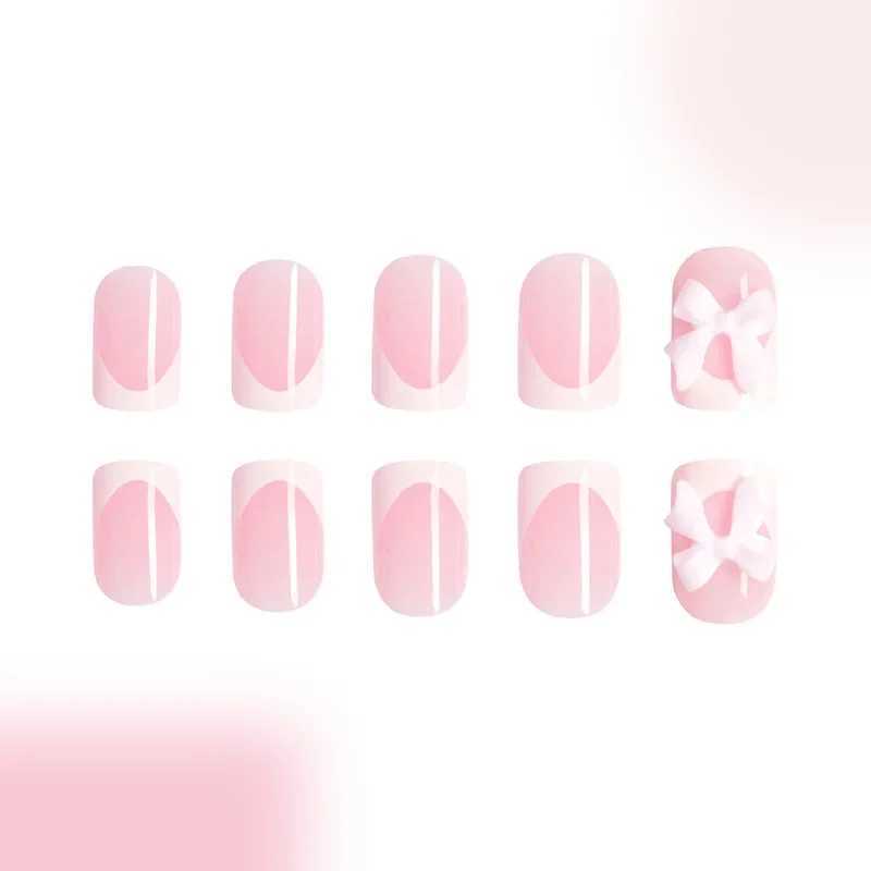 24 pieces/set of bows pressed on nails short square fake nails white French pointed fake nails with pink bow charm female nail stick W240905