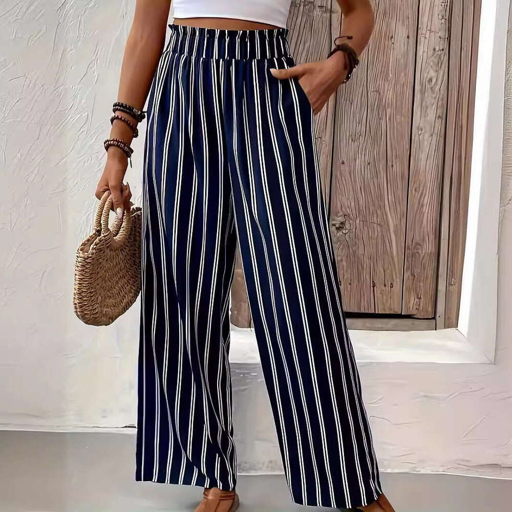 2024 striped wide women's casual summer new high waisted straight leg loose pants long women