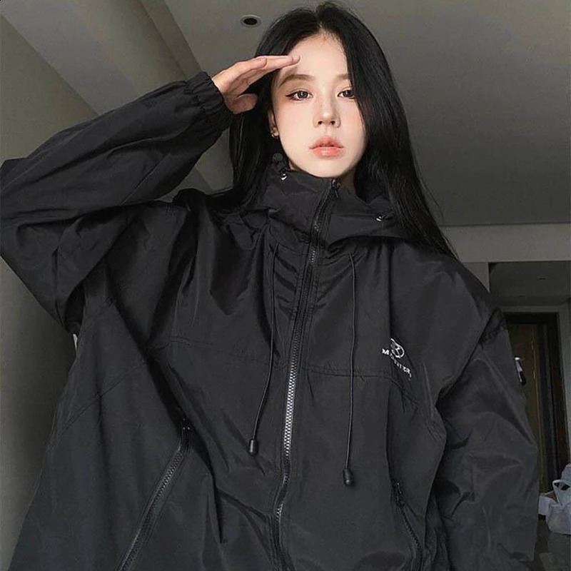 Harajuku womens jacket hooded Y2K streetwear oversized autumn retro loose casual long sleeved trend zipper 240902